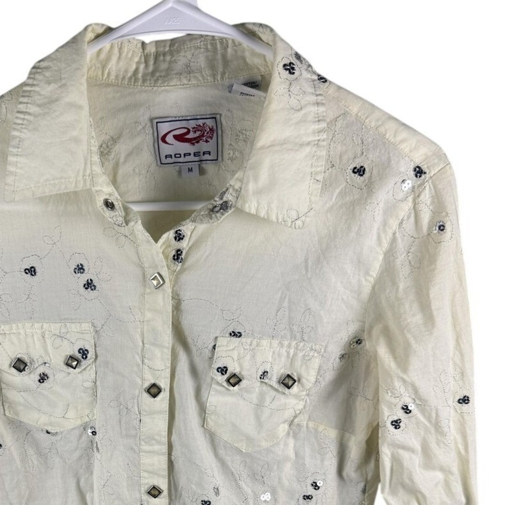 Roper Shirt Womens Medium White Floral Western Snap Long Sleeve Cotton Blouse